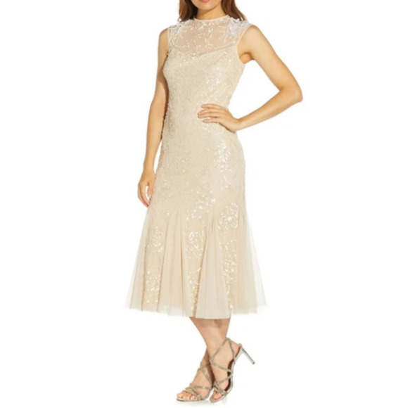 Adrianna Papell Dresses & Skirts - NWT Adrianna Papell Womens Beaded Sequined Sleeveless Midi Champagne/nude 6